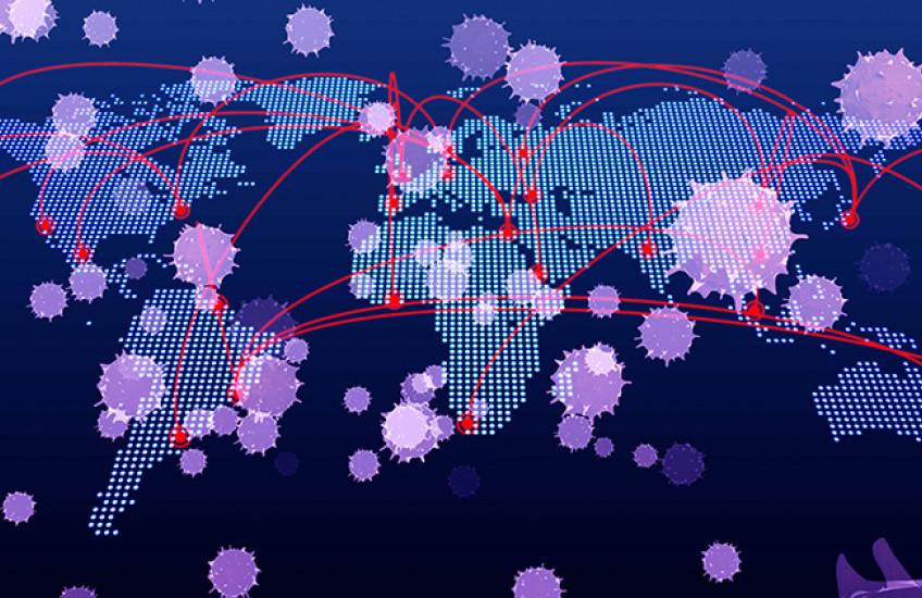 digital illustration of the world, connecting lines and floating viruses