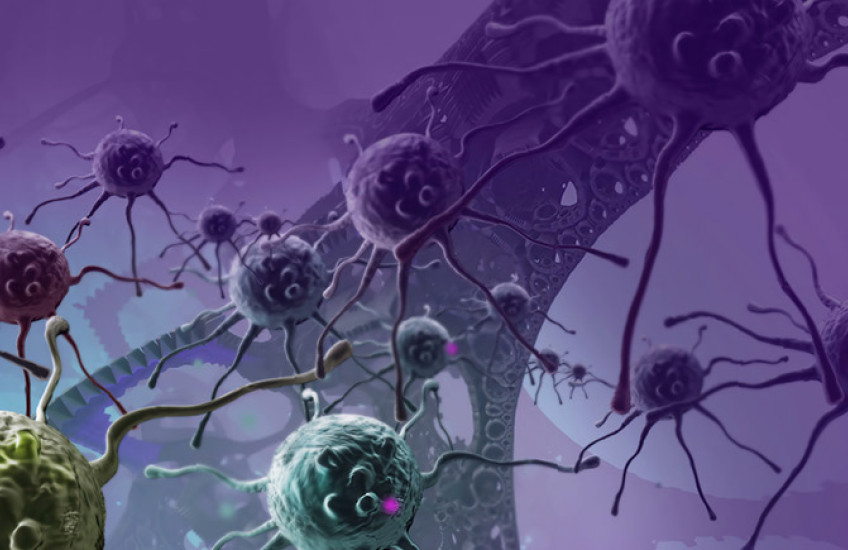 Close digital image of bunch purple and yellow cancer cells