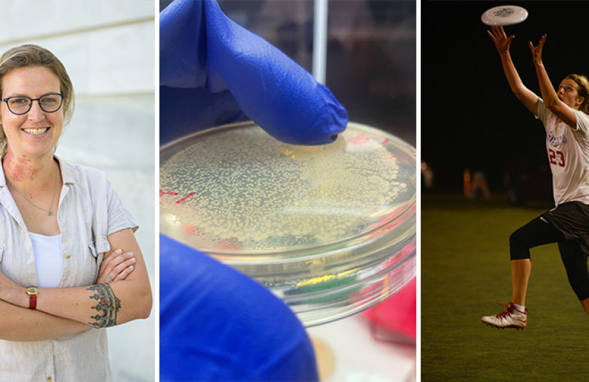 three images side by side. left: portrait photo of a young woman with crossed arms and a tattoo on her left forearm. Center: close-up of a gloved hand holding a round plate with specks on it. Right: the same young woman, wearing athletic gear on a field at night, leaps to catch a frisbee near her fingertips.