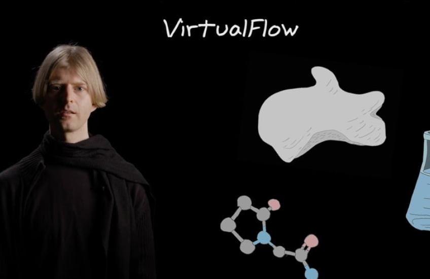 Image of young man against black background with illustrations of molecule and flask