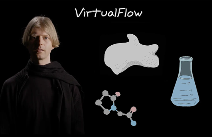 Christoph Gorgulla and illustrations of a protein, a molecule and a flask