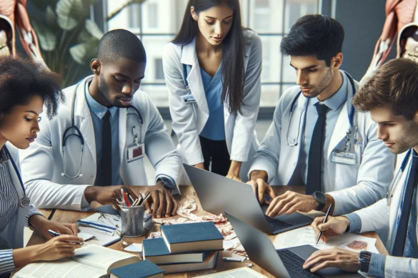 5 medical students in white coats studying together.