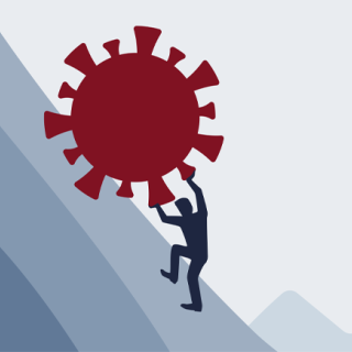 A stylized drawing of a dark blue human figure pushing a large, red virus up a hill