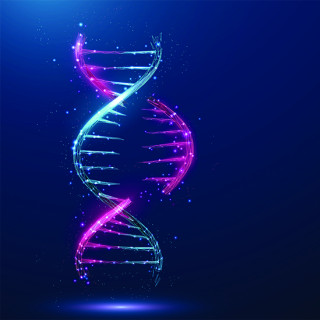 Illustration of a segment of a DNA double helix with one half in pink and the other in teal. The middle portion of the pink half is separated from the main molecule.