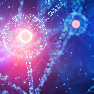 Abstract illustration of glowing DNA strands and molecular structures in blue and pink.