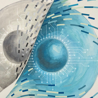 Illustration of aging gray cell transitioning into a rejuvenated blue cell with circuit-like patterning