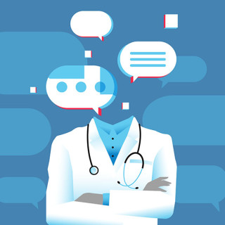An illustration of a doctor in a white coat with speech bubbles representing a digital dialogue between the doctor and an AI chatbot.