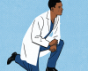 illustration of a young Black man in a white medical coat down on one knee (as a protest) 