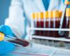 Image of blue-gloved hand holding a test tube full of blood 