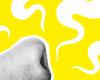 A stylized nose illustration on a yellow background with white smell lines 