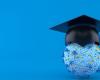Illustration of a coronavirus with a mortarboard on top of it