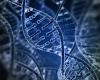 Artist's rendition of a strand of DNA against a blue and black background