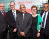 George Daley, Dean of Harvard Medical School, Paul Farmer, head of the HMS department of global health and social medicine, Gairdner Global Health Award winner Vikram Patel, Janet Rossant, president of the Gairdner Foundation and Ashish Jha, faculty director of the Harvard Global Health Initiative celebrate Patel's groundbreaking research in global mental health. 