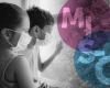 Black and white image of two children in surgical masks. To the side, pink and blue circles intersect with watermarked letters MIS-C