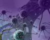 Close digital image of bunch purple and yellow cancer cells