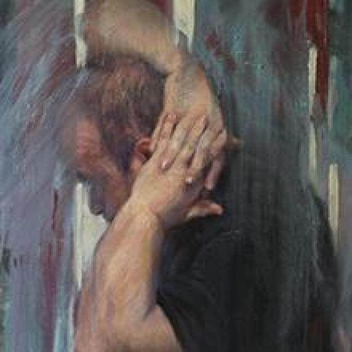 painting of a troubled man with hands behind his head