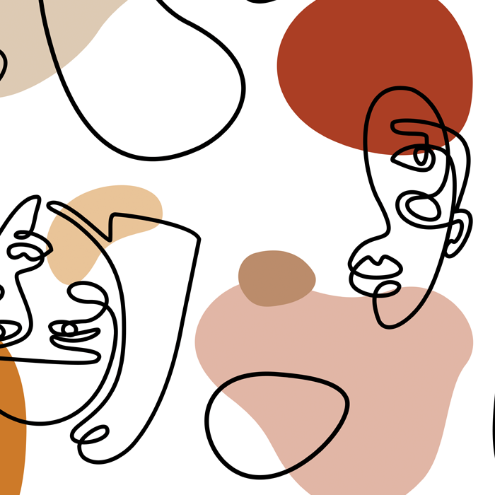 illustration of partial faces floating amid geometric forms and colors