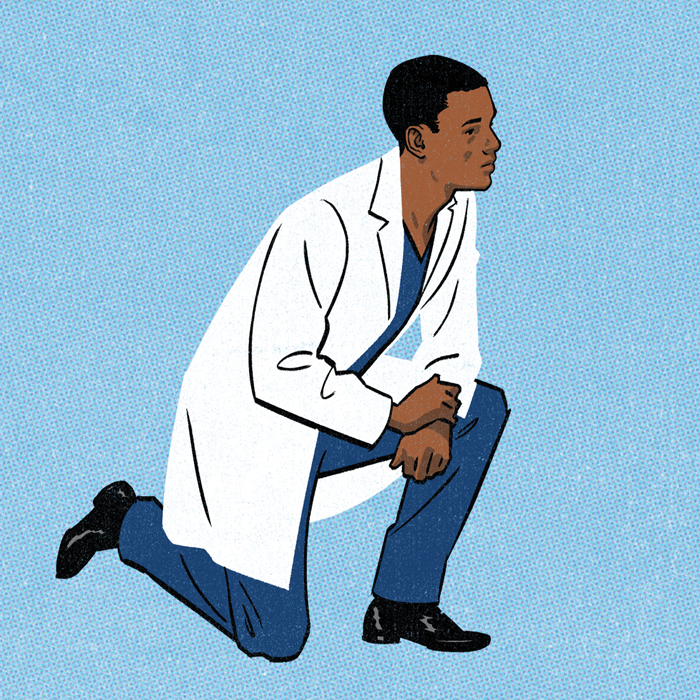 illustration of a young Black man in a white medical coat down on one knee (as a protest) 