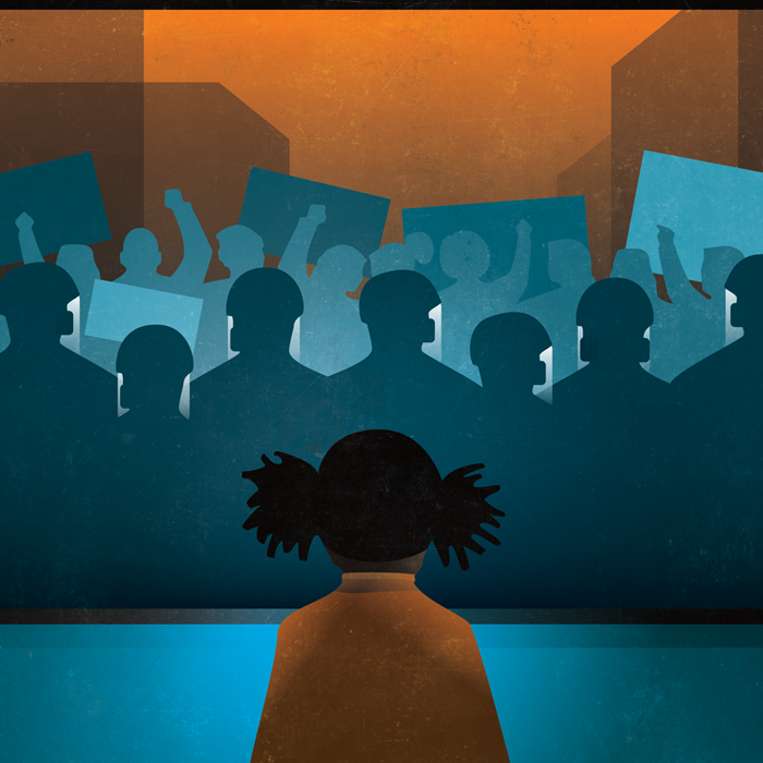 Illustration of young Black girl, holding a teddy bear, watching televised confrontations between police and social justice protesters