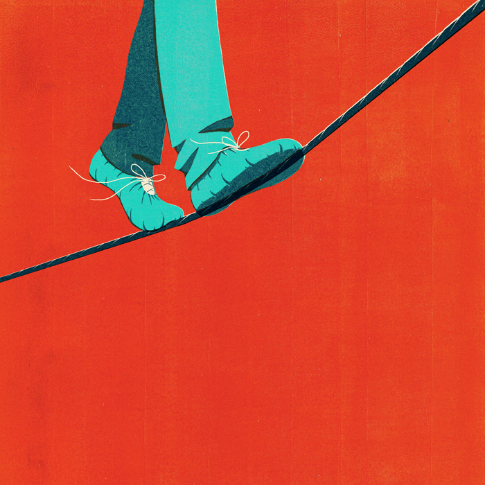 illustration showing feet of an individual walking a tighrope