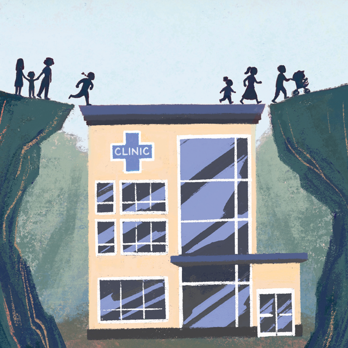 illustration of a community clinic providing a bridge for people 