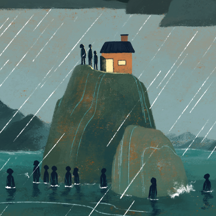 Illustration with dark clouds and rain, a very tall rock juts out of the water, on its top satnd a few people and a small building with an open door while at the base of the rock stand many people, waist deep in water 