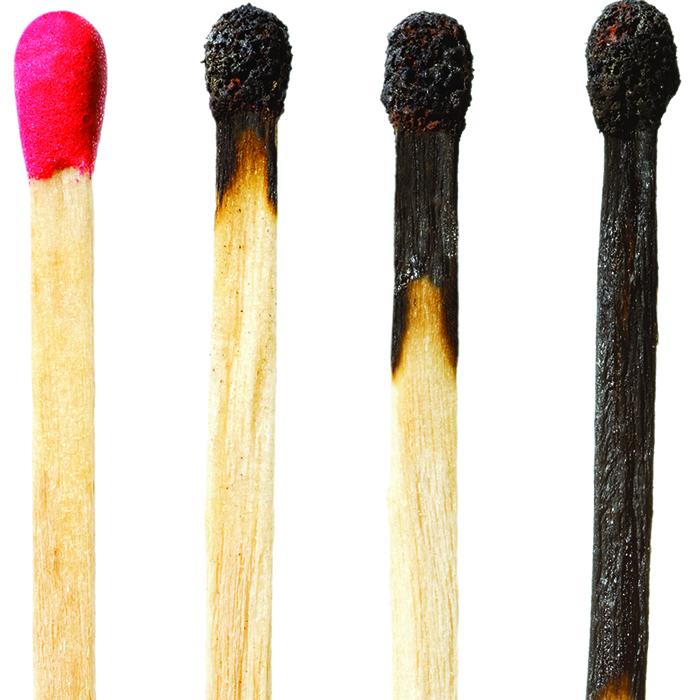 matchsticks, unlit to increasing degrees of burn