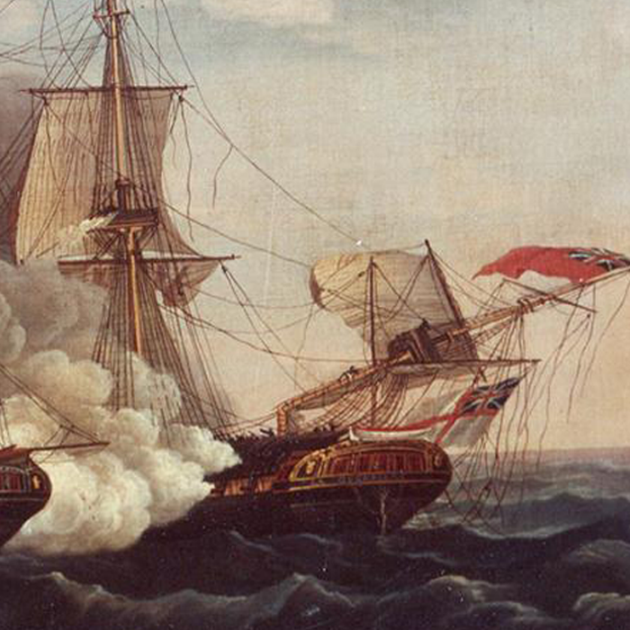 Painting of ships on choppy waters by Michele Felice Cornè, named In Action. Action between USS Constitution and HMS Guerriere, 19 August 1812.