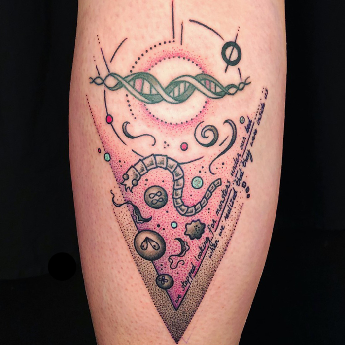 A close up image of PhD candidate Caroline Keroack's tattoo of different types of parasites that she has worked on