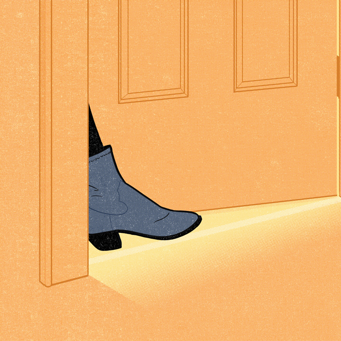 illustration of woman's boot stepping through a partially open door