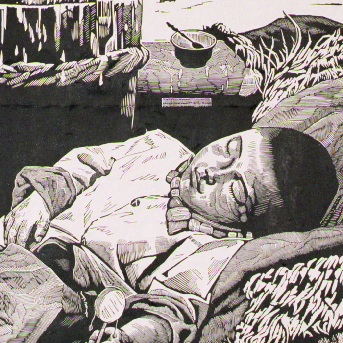 woodcut of a small boy sleeping outdoors in a rural setting