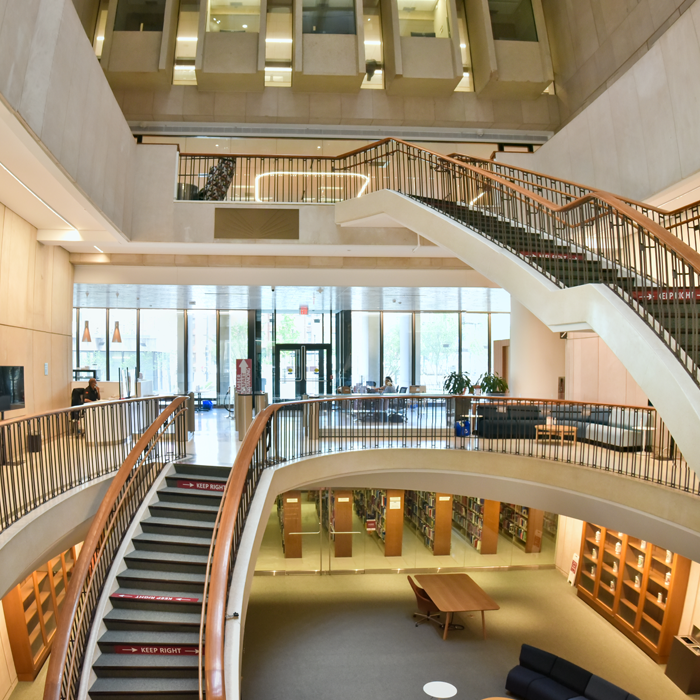 architectural shot of the entry and stairs in the newly renovated Countway Library of Medicine