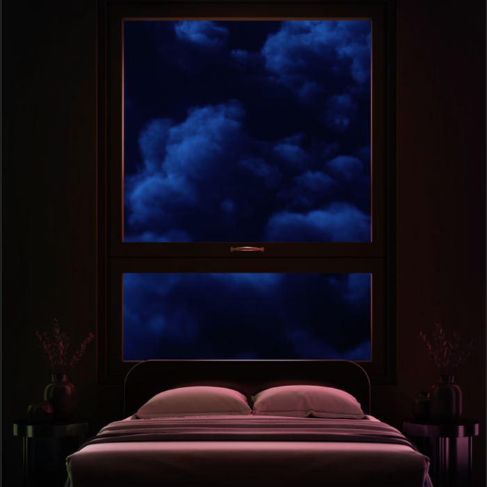 image of a dark bedroom with a window looking out to dreamlike clouds