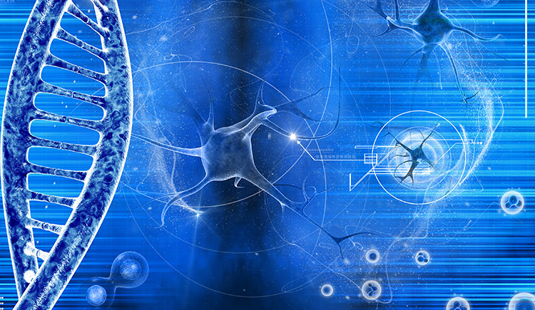 neuron and dna on blue background