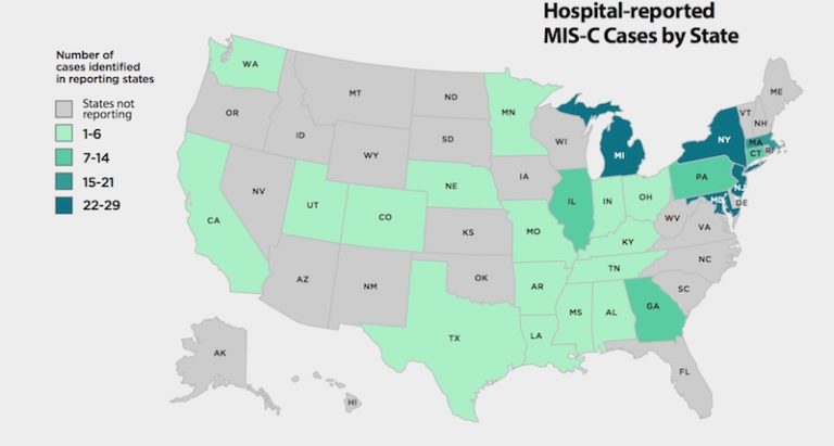 Map of US with number of MIS-C cases by state shown in gray and shades of green