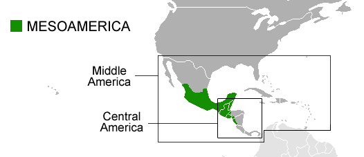 Illustration of the Americas with a green area indicating Mesoamerica, from central Mexico down to mid-Central America
