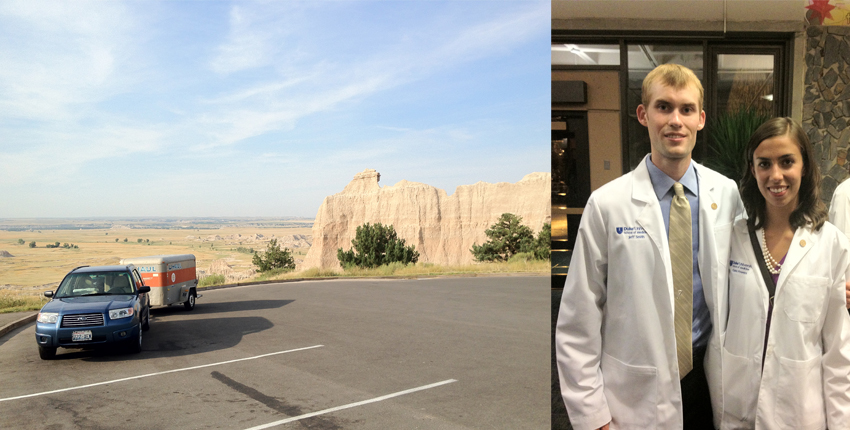 Left, photo of a U-Haul trailer in a parking lot with a rock formation in the background. Right, a young couple poses in medical white coats.