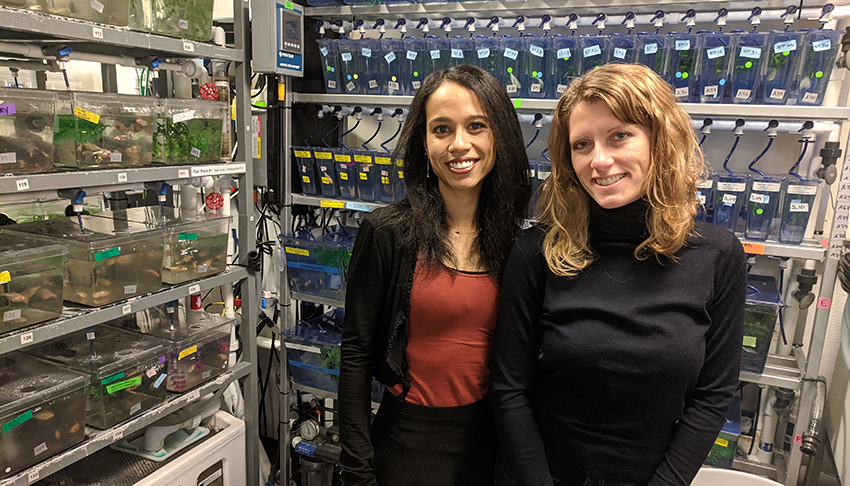 Portrait photo of two young women, one of color and one white, standing in front of racks full of fish tanks