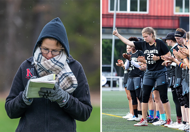 two images side by side. left: young woman in a hooded sweatshirt and scarf writes in a notebook while standing in a field. right: athletes in matching "Atlanta Soul" uniforms stand on a line in a field while one, Jones, #23, raises a thumbs up.