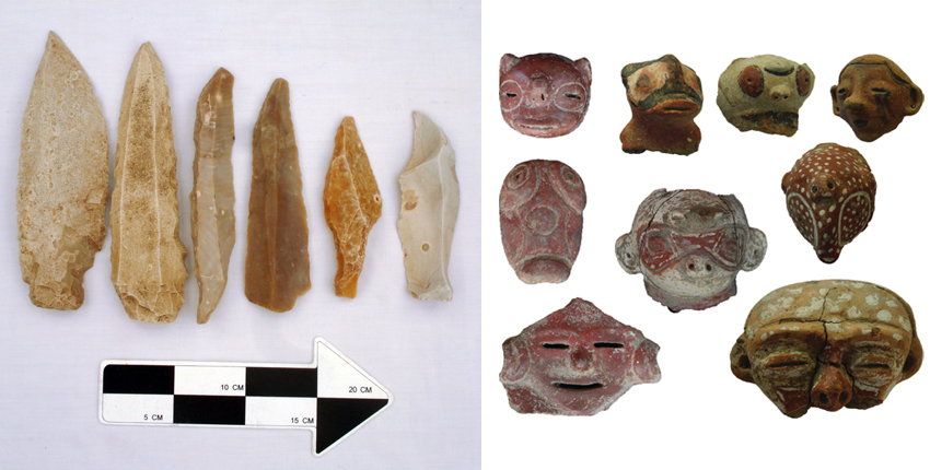 Side by side photographs show a line of stone arrowheads with a scale bar at bottom and a collection of ceramic figures in the shape of animal heads