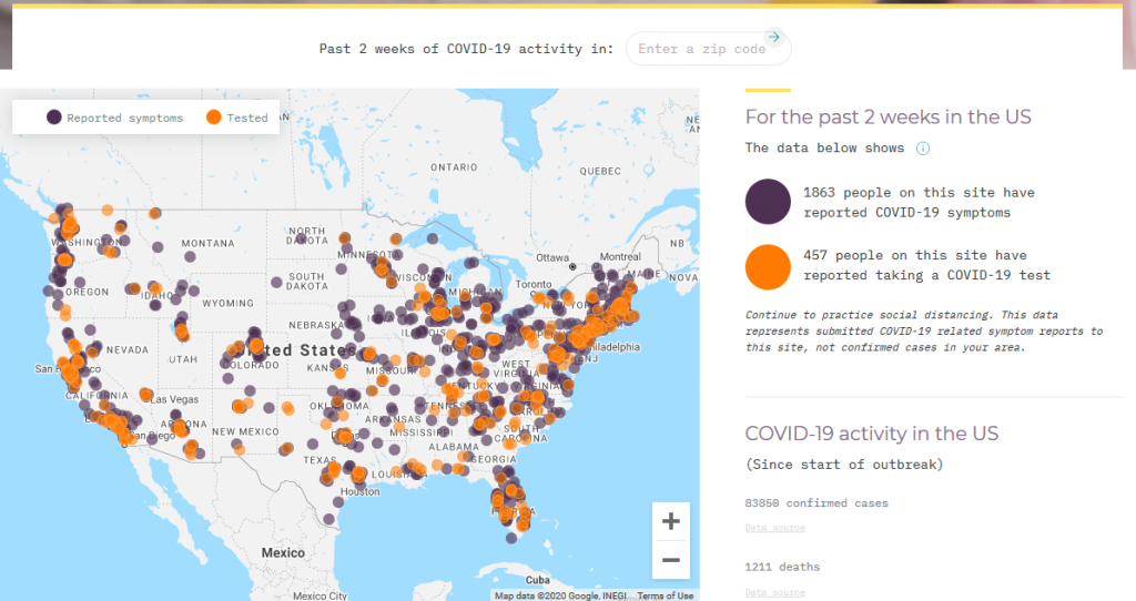 Screen shot of a map of the U.S. with many dots indicating reported symptoms and reported tests