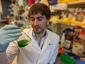 Young man with short beard wearing gloves and lab coat holds a flask of green liquid