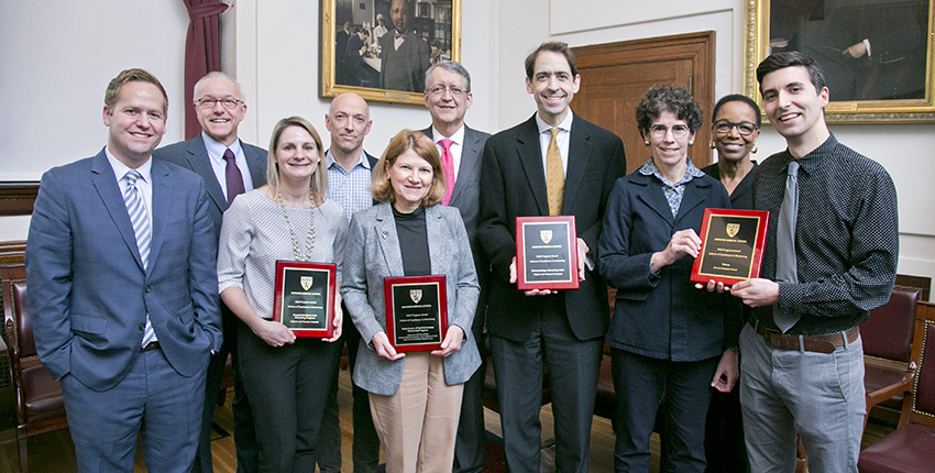 From left to right, front row; Jeffrey Sparks, Stephanie Mueller, Patricia D’Amore, back row; George Daley, Daniel Solomon, David Hunter, Peter Nigrovic, Jennifer Potter, Joan Reede, Jonathan Kusner Photo by Jeff Thiebauth